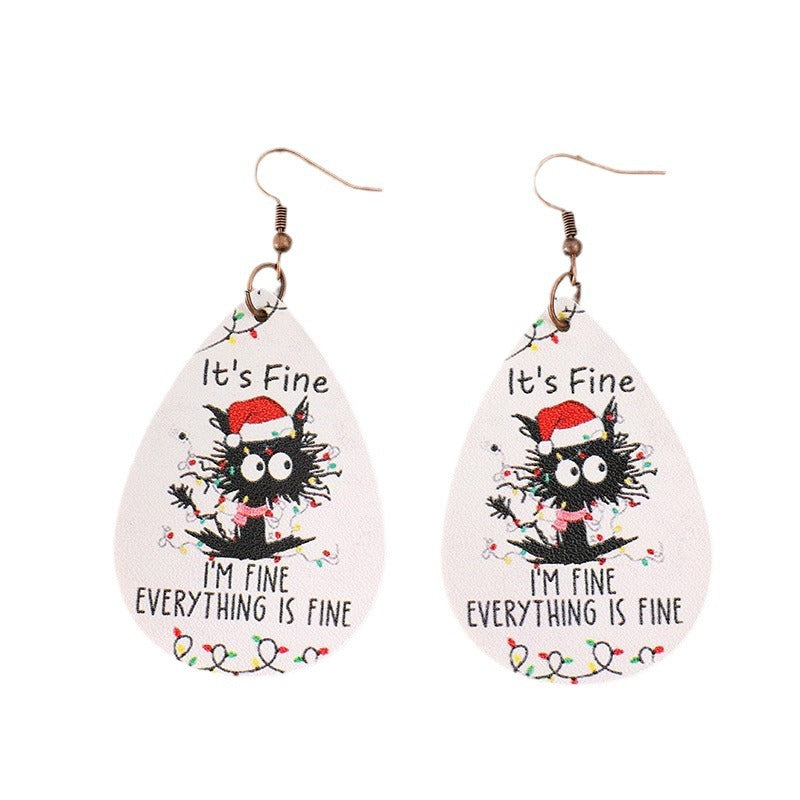 Wholesale creative Christmas funny cat Christmas hat water drops leather earrings